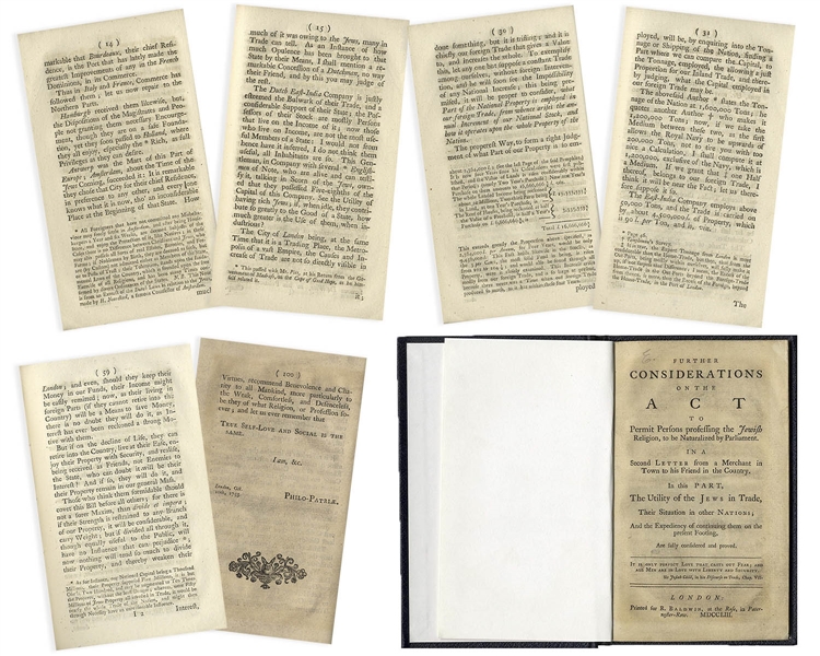 Important Book From 1753 on Jewish Anti-Semitism in England -- ''Further Considerations on the Act to Permit Persons Professing the Jewish Religion to be Naturalized by Parliament''